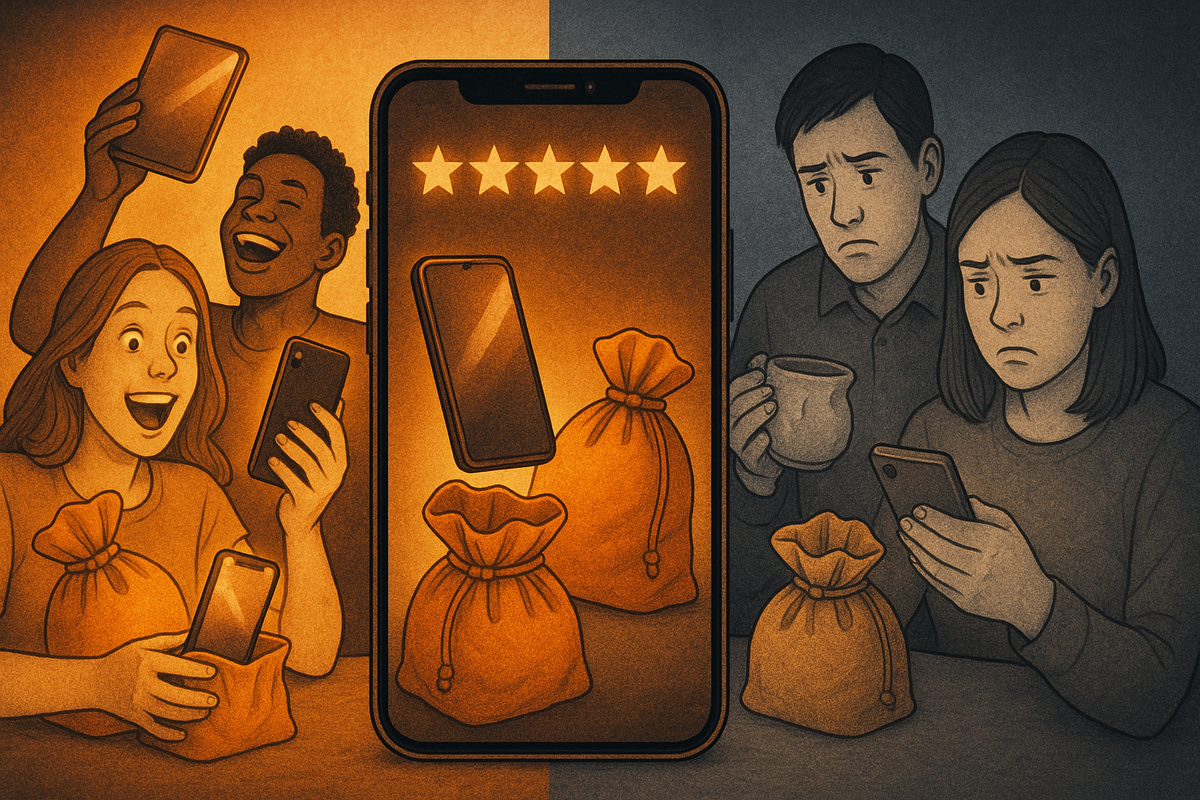 Split-scene illustration with a giant smartphone review screen in the center—left side friends screaming with joy over five-star lucky bags and new devices, right side couple frowning at so-so bags—raw contrast of jackpot wins vs disappointing pulls, real review emotion