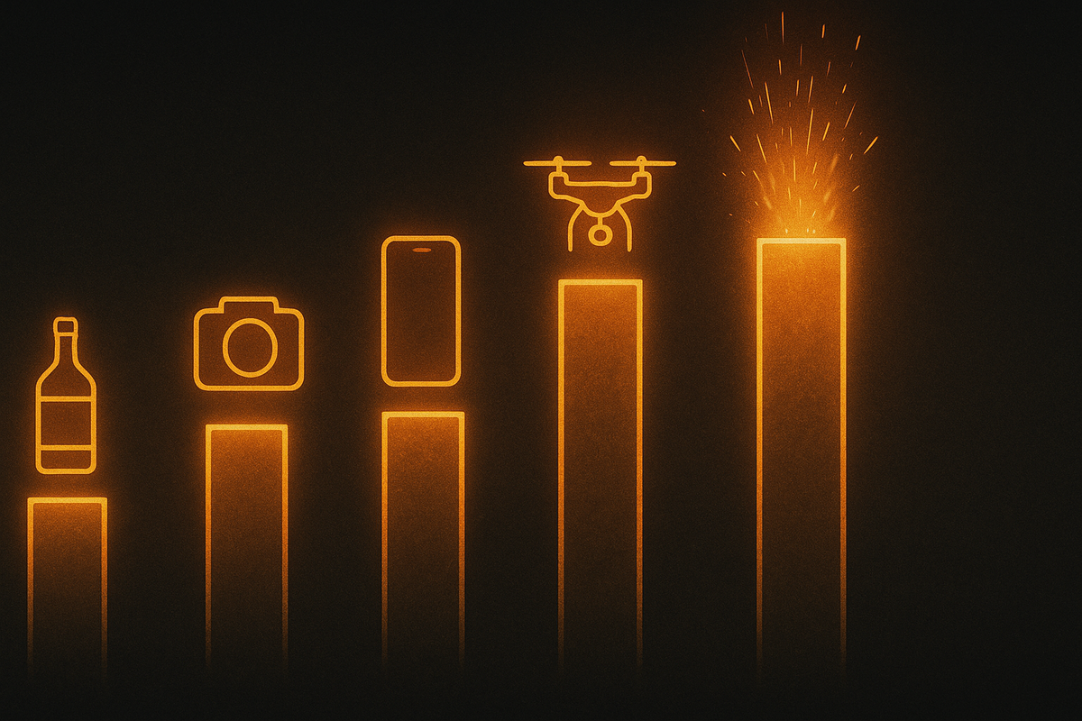 Minimal glowing bar chart in the dark with icons for whisky bottle, camera, smartphone, drone and a tallest blank pillar erupting in sparks—dramatic popularity and odds ranking of New Year prize genres, from premium liquor to red-hot mystery top spot