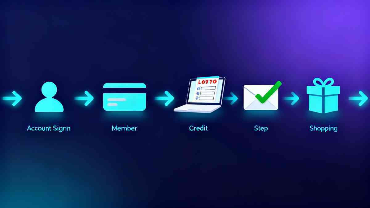 Bright cyan step-by-step line of icons on a deep blue gradient—user avatar, membership card, laptop lottery form, checked mail envelope, and wrapped gift box—gentle onboarding roadmap from account signup to “you won” shopping joy for lucky bag entries