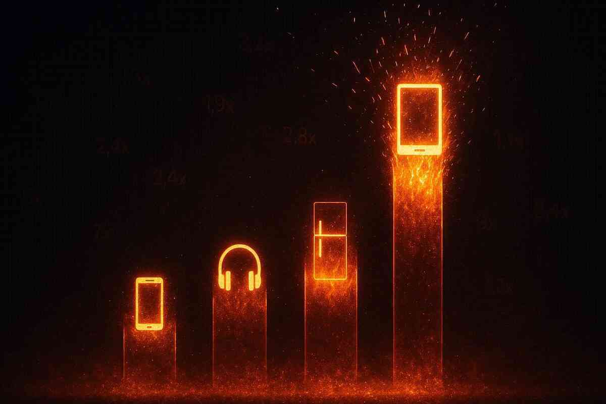 Fiery bar chart in the dark with neon outlines of smartphone, headphones, refrigerator and a taller blazing phone pillar—explosive popularity ranking of prize categories, brutal odds, emotionally charged data