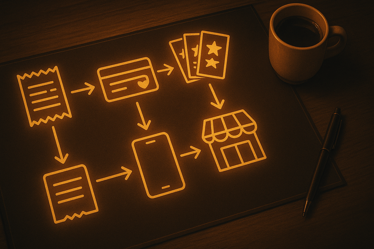 Warm desk at night with coffee cup and pen beside a glowing flowchart—receipt → loyalty card → points → store → smartphone—clear step-by-step roadmap for building purchase history and unlocking lottery advantages
