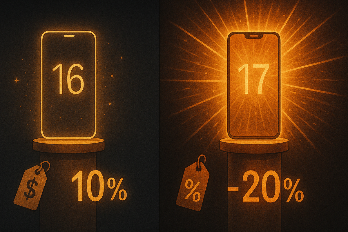 Split-screen pedestal comparison: left side calm phone labeled 16 with small 10% tag, right side radiant phone labeled 17 with bold −20% tag—dramatic price-value showdown between two generations of devices