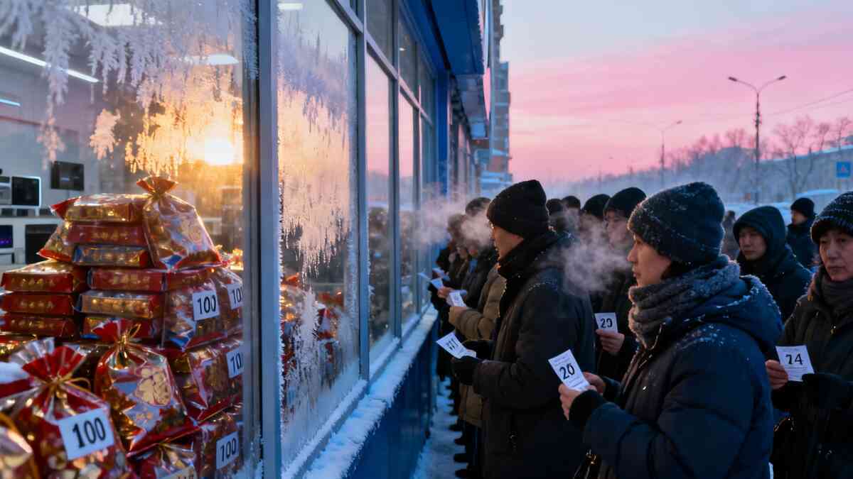Freezing winter dawn outside an electronics store, long line of bundled-up shoppers holding numbered tickets, breath steaming in the air as they gaze at stacked gift packs through frosted glass—raw determination and hopeful anticipation for first-sale lucky bags
