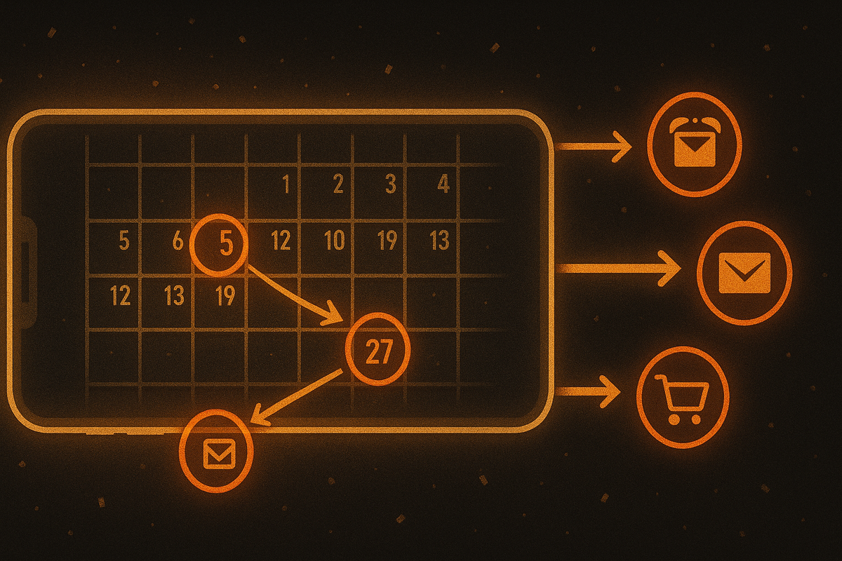 Smartphone calendar in warm neon light with key dates circled and arrows pointing to alarm, mail, and cart icons—福袋 lottery schedule roadmap, zero-miss reminders, calm yet urgent countdown energy