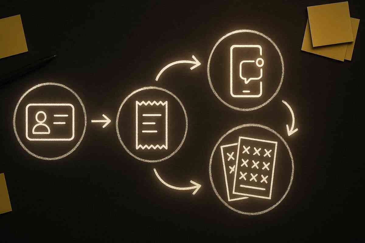 Chalk-style infographic on a dark desk: ID card → receipt → smartphone notification → multiple lottery tickets in a loop—simple visual recipe for qualifying purchase history and boosting 福袋 win rate, practical but hopeful vibe