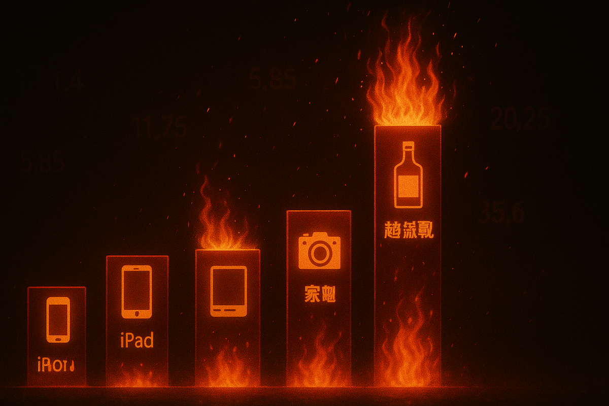 Blazing vertical bar chart of neon icons—smartphone, tablet, camera, and a whiskey bottle on the tallest flaming pillar—different 福袋 genres ranked by insane popularity and explosive demand heat