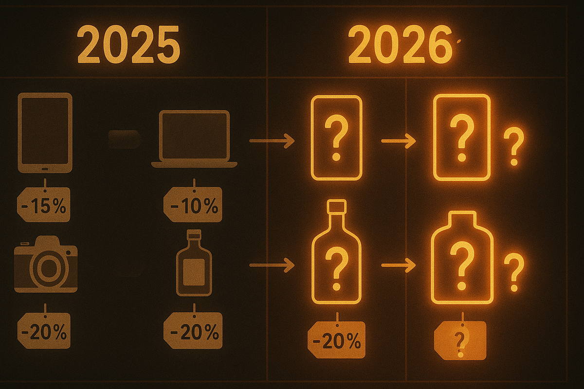Side-by-side 2025 vs 2026 comparison board—past tablets, laptops, cameras, whiskey with discount tags flowing into glowing question-mark devices and bottles—mysterious future 福袋 lineup, speculation and data-driven excitement