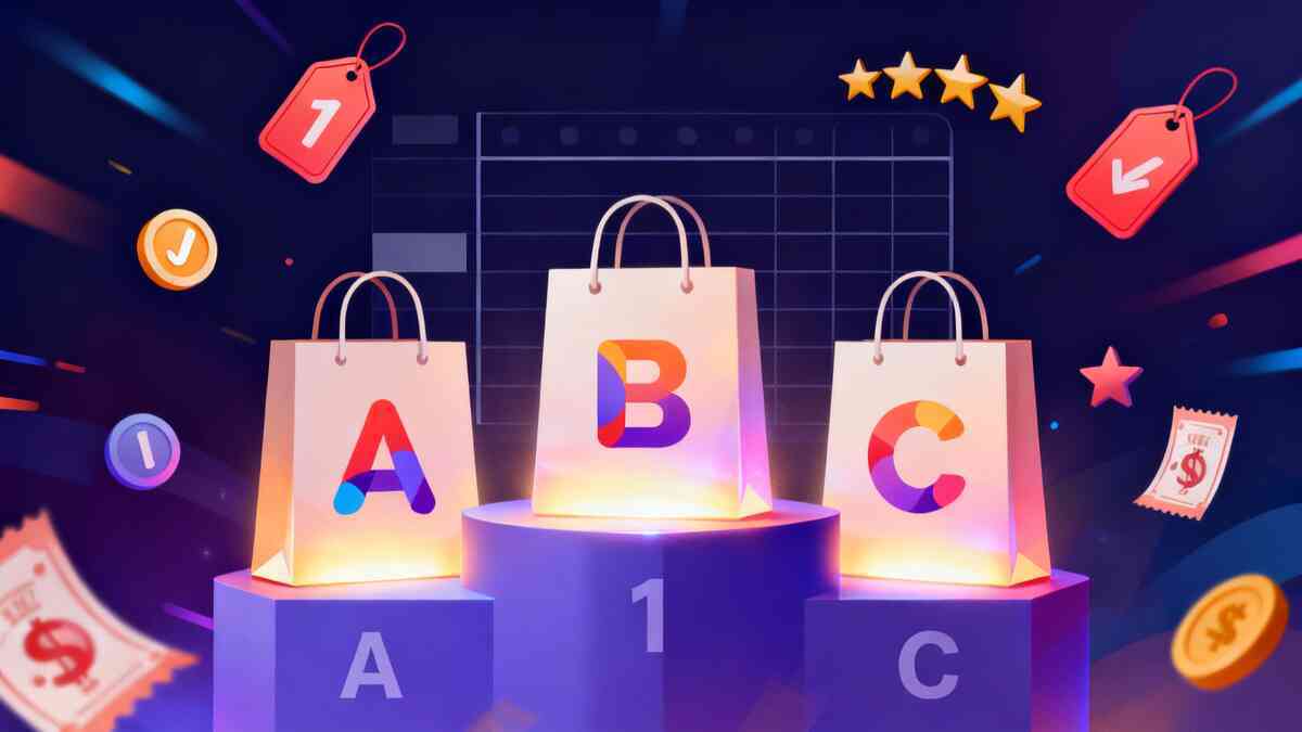 Three radiant generic shopping bags on a winner’s podium labeled A, B, C against a dynamic chart background—playful ranking of store福袋プラン, coins and price tags flying, joyful decision-making and “choose the best deal” energy