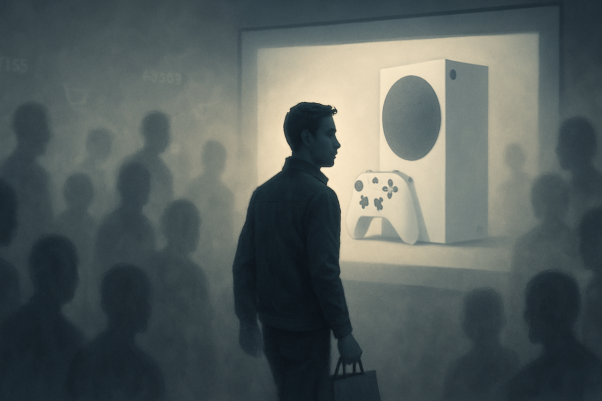 Silhouetted crowds fading into mist as one focused shopper gazes at a bright next-gen console—quiet yearning, rare-item longing, destiny-like spotlight