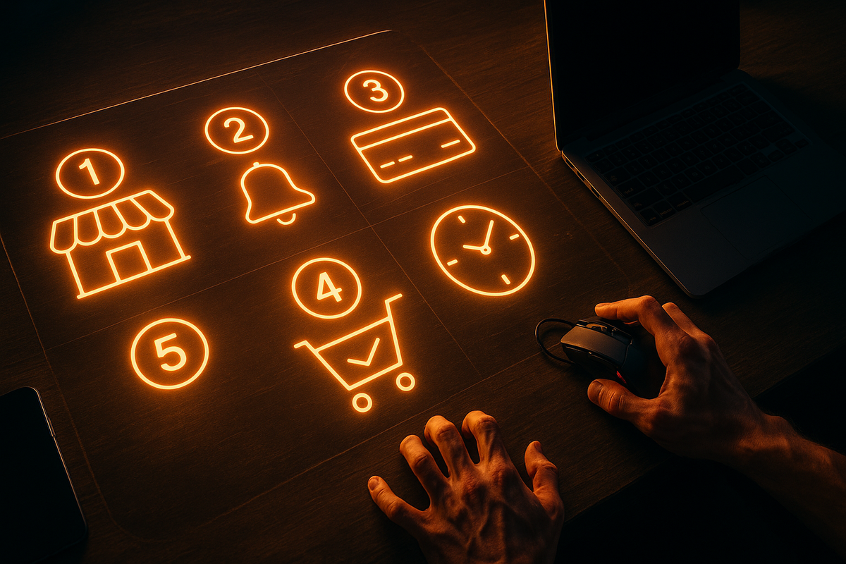 Neon-lit icons for store, alerts, payment, timing, and checkout glowing on a desk—decisive action energy, mission-mode focus, warm futuristic guidance
