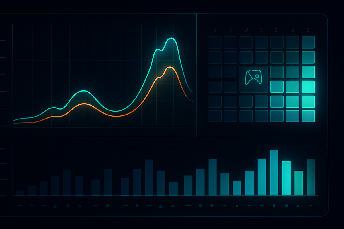 Dramatic teal-orange analytics dashboard with soaring restock curves—insightful patterns, predictive calm, data-driven confidence for console hunters