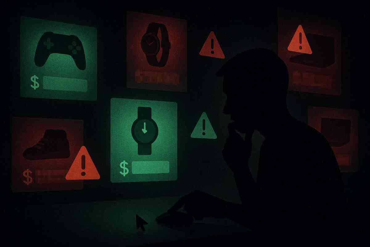 Shadowed shopper evaluating red-flag product tiles—dark marketplace tension, scam-alert intuition, protective caution rising in the glow