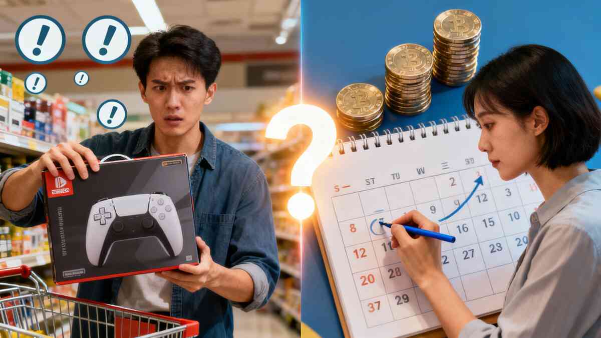 Split-screen dilemma—frustrated shopper clutching a console vs calm planner circling dates with rising coins—emotional tug-of-war, timing destiny choice