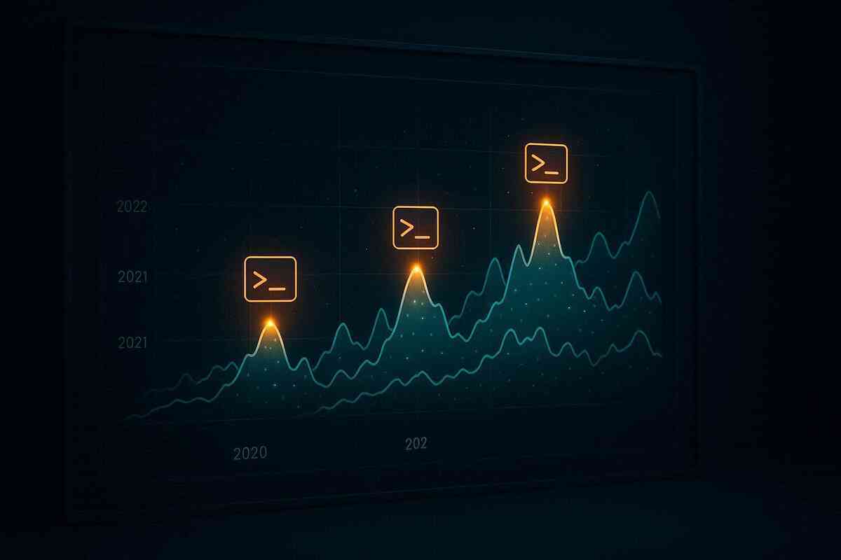 Moody teal analytics chart from 2020 onward with glowing orange peaks marked by icons—three Black Friday restock mountains, long-term Switch-style scarcity trend, calm data storytelling with hidden excitement  