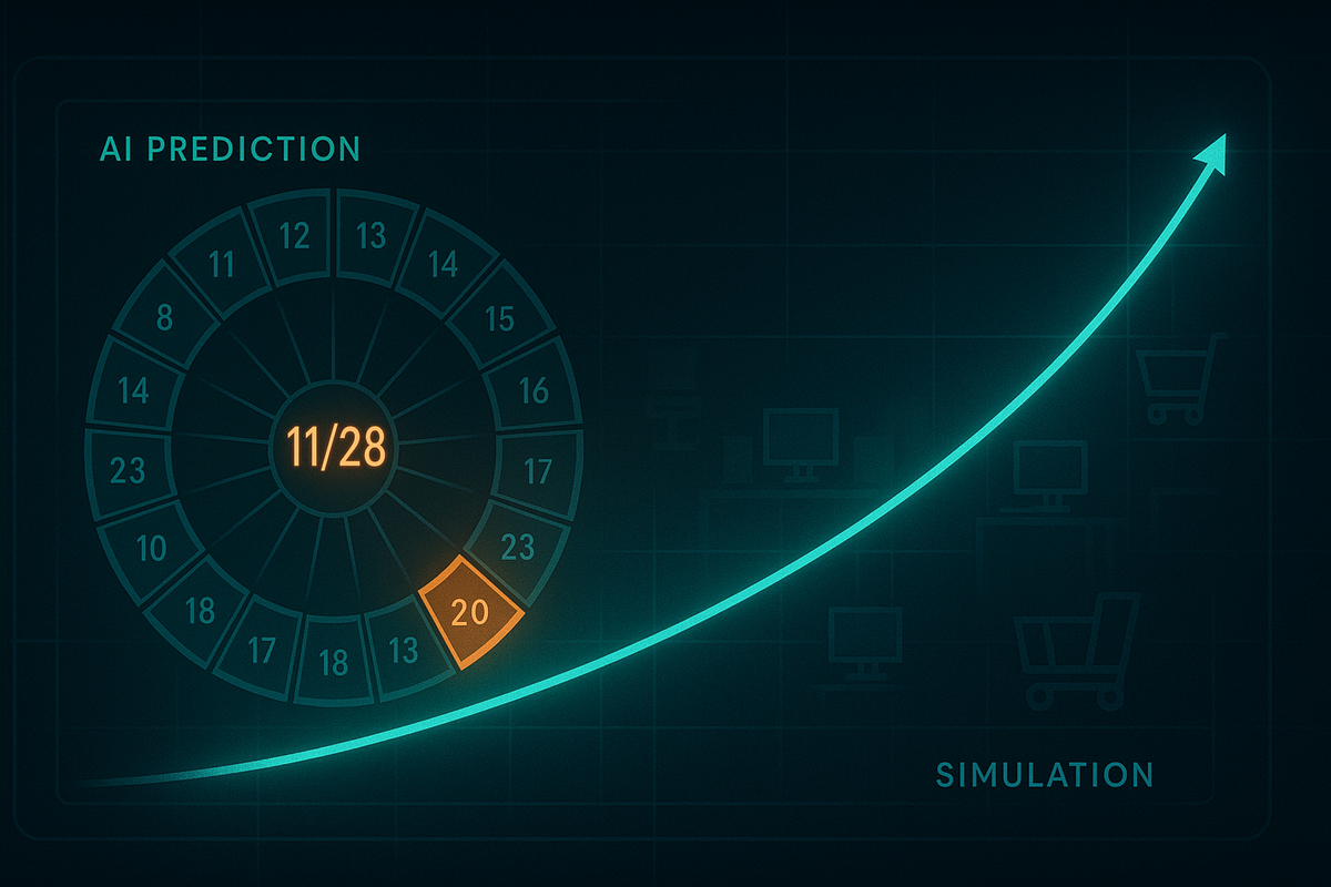 Futuristic dashboard showing a circular calendar wheel with 11/28 glowing in the center and an hourly slot highlighted, simulation curve shooting upward—AI prediction of the best restock moment, rising probability, thrilling science-meets-luck mood  