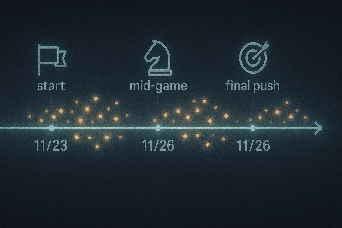Softly glowing November timeline labeled start, mid-game, and final push with clusters of sparkling dots over 11/23, 11/26, and the final days—restock events as twinkling stars, strategy-game metaphor, quiet build-up to a decisive climax  