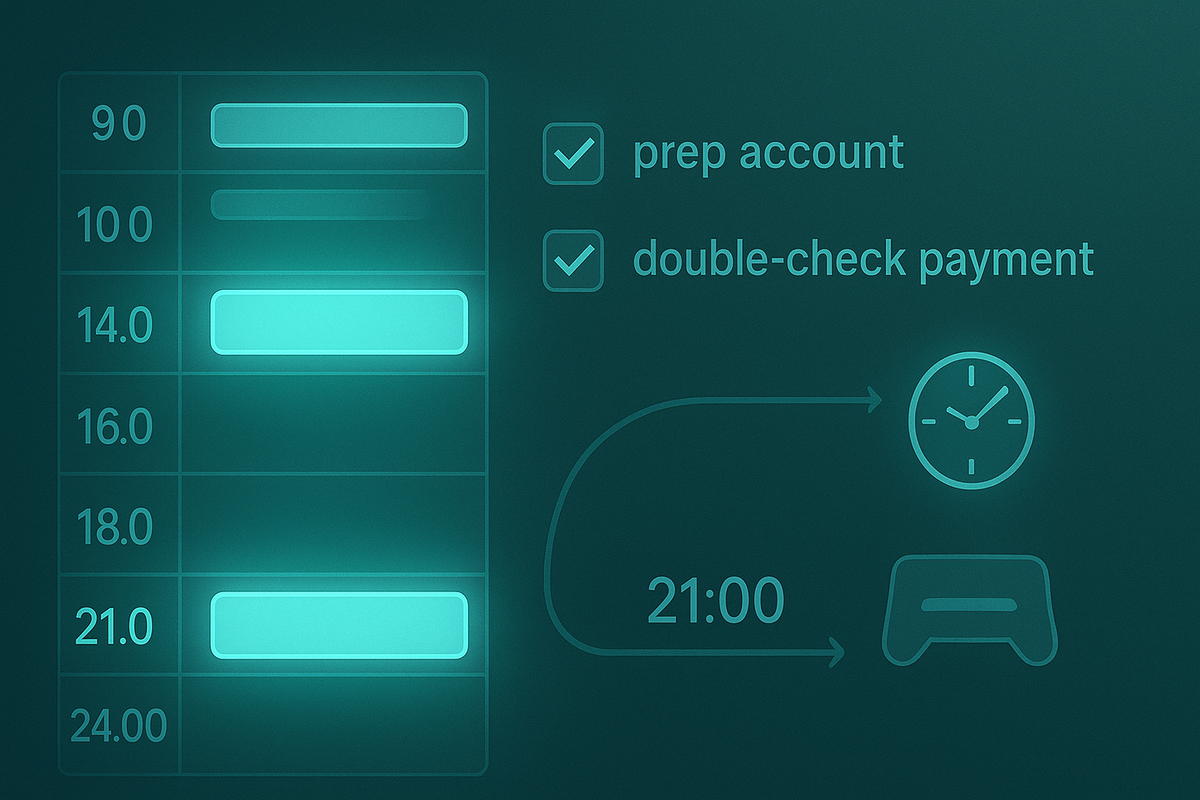 Teal day planner with bright blocks at 14:00 and 21:00, checklist ticks for “prep account” and “double-check payment,” arrow leading to a clock and gamepad—hour-by-hour battle plan for flash sales, disciplined focus, ready-for-9-p.m. determination  