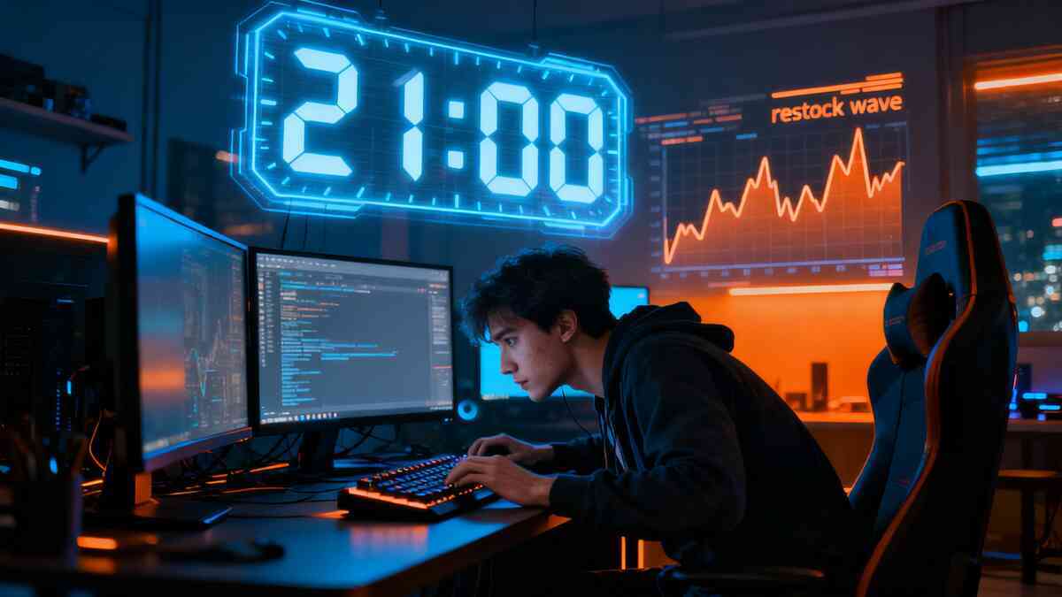 Hyper-focused gamer in a dark RGB-lit setup coding and watching charts as a giant holographic 21:00 clock hangs overhead—restock wave graph rising behind him, tense pre-battle concentration, Black Friday night adrenaline  