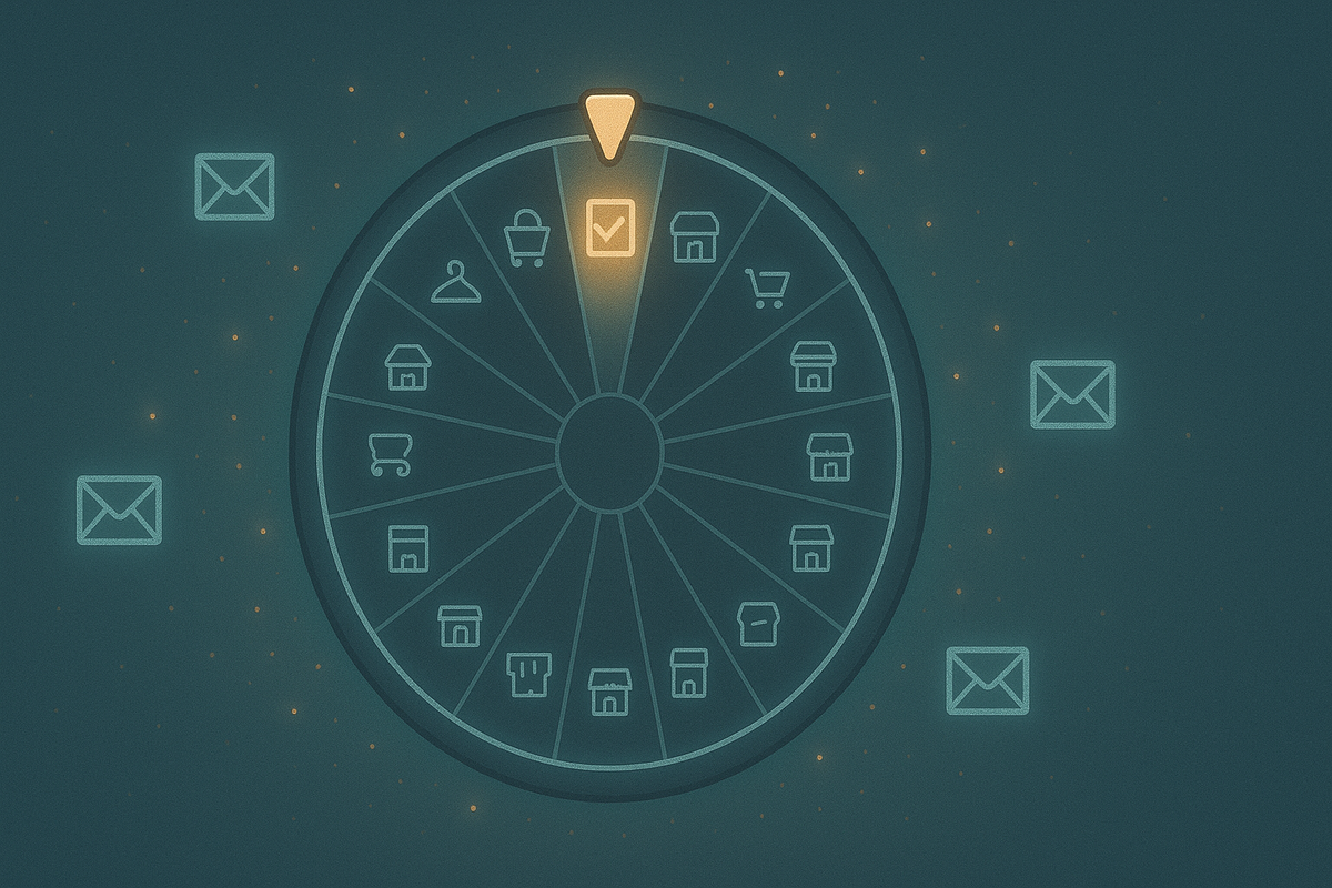 Soft teal lottery wheel filled with tiny store icons, one golden winning slot glowing under a pointer, email envelopes floating around—multiple抽選 entries visualized as a hopeful spin, gentle suspense and lucky-break energy  