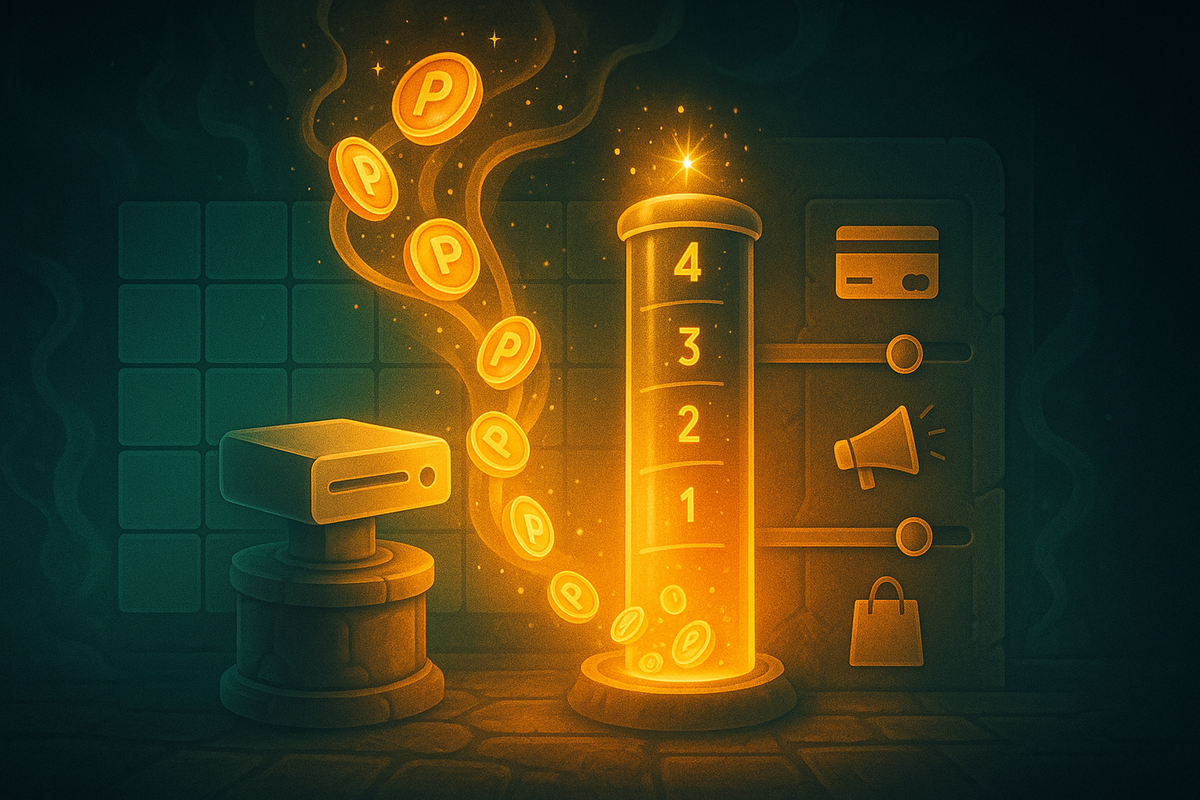 Fantasy dungeon-style console altar beside a tall glowing tube numbered 1–4, golden P-coins swirling upward as sliders for card, campaign, and shopping bag shine—Rakuten point alchemy, playful treasure-hunt feeling, joyful “points explosion” mood  