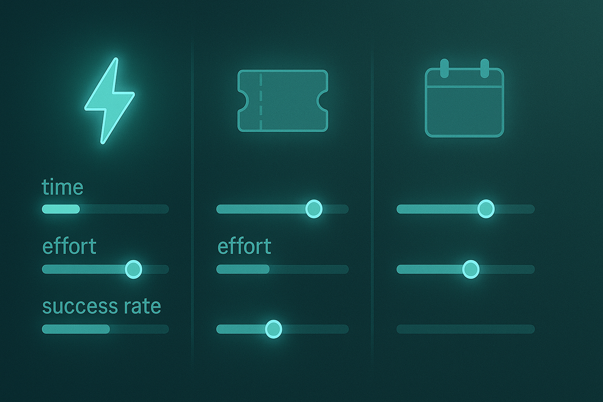 Minimal comparison dashboard: lightning icon, ticket, and calendar lined up with glowing sliders for time, effort, and success rate—cool teal UI making the trade-offs between flash sale, lottery, and reservation instantly clear  