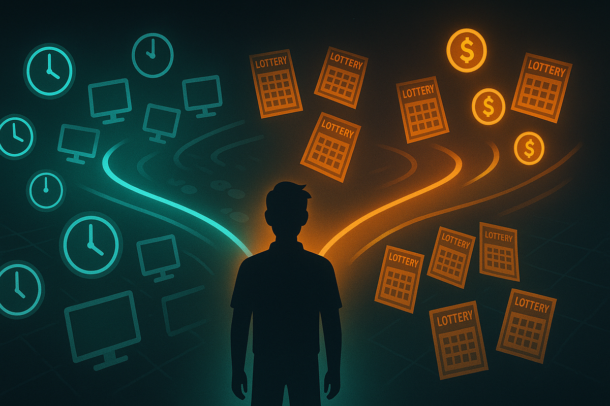 Silhouetted shopper standing at a crossroads of teal clocks and monitors on one side and orange lottery tickets and coins on the other—emotional fork-in-the-road moment, choosing between grind-heavy flash sales and luck-based抽選, dramatic decision energy  