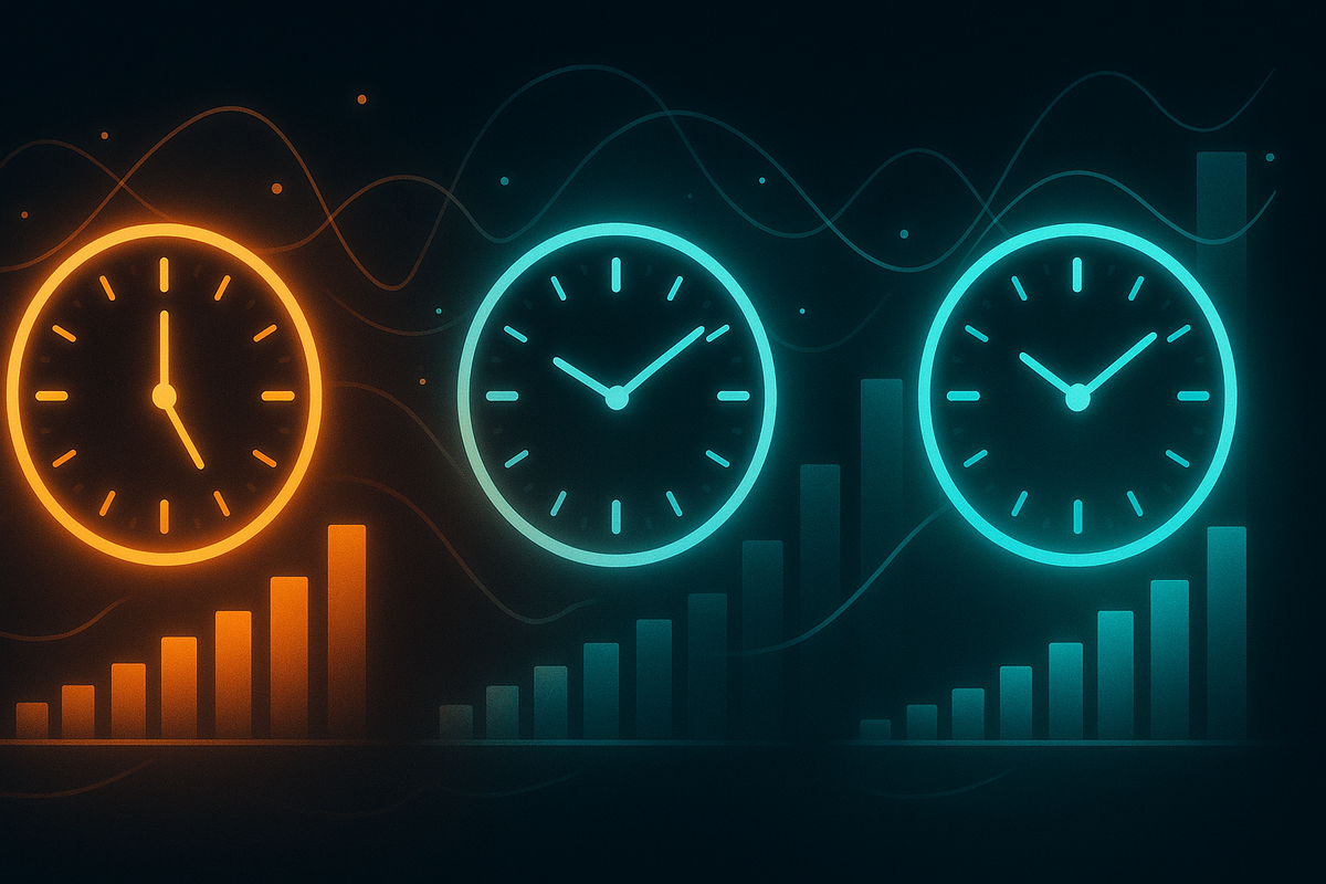 Three glowing clocks over rising bar charts in teal and orange—data-driven time windows visualizing morning, afternoon, and night restock chances, calm analytical but quietly thrilling anticipation