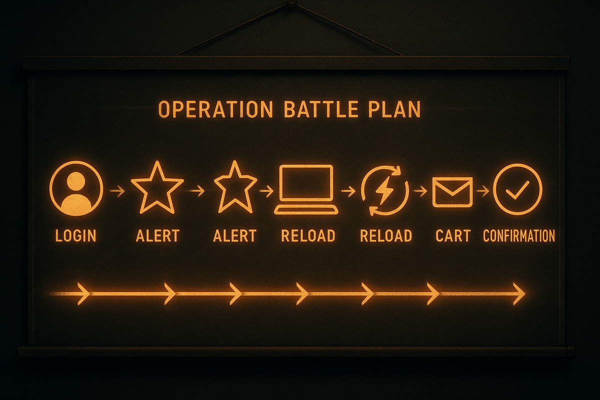 Mission-style “operation battle plan” board in warm neon—icons for login, alerts, reload, cart, and confirmation marching in a straight line, disciplined checklist energy for winning sudden restock wars