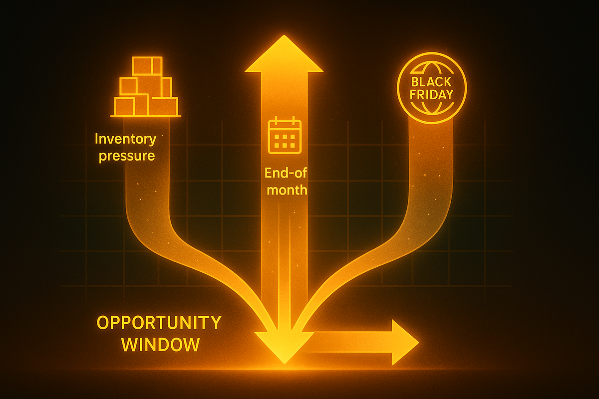 Golden flowchart of three glowing arrows—inventory pressure, end-of-month, and Black Friday all converging into one blazing “opportunity window,” dramatic visualization of today-only buying chance