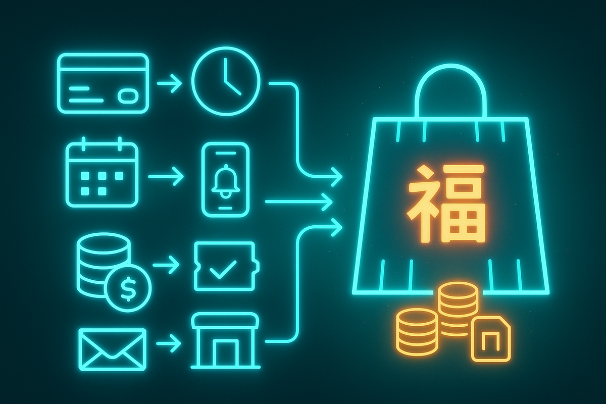 Futuristic flowchart of credit card, calendar, notifications, money and email all funneling into a glowing福袋 and coin stack—step-by-step ritual to summon a winning smartphone lucky bag, controlled chaos turned into calm strategy