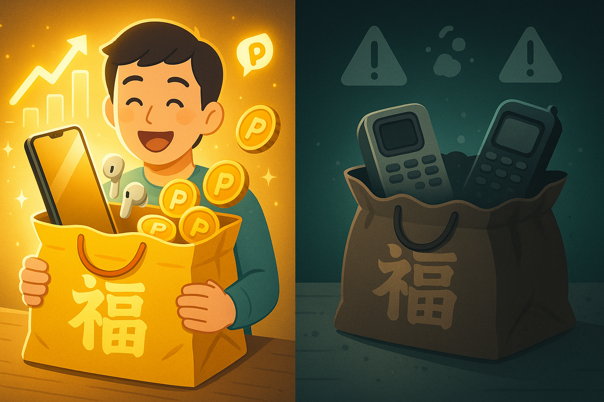 Split-screen福袋 outcome: left side a beaming buyer hugging a bag stuffed with shiny smartphone and coins, right side a gloomy bag of dusty old phones and warning icons—emotional contrast between dream hit and heartbreaking dud