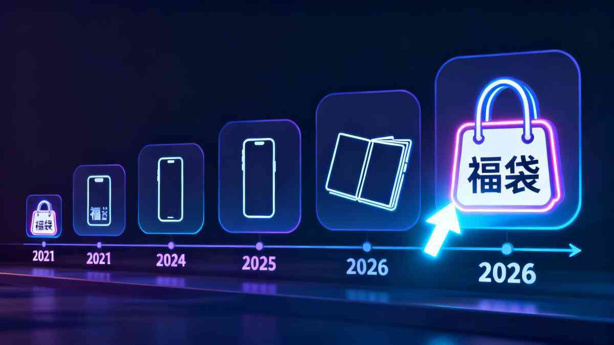 Futuristic timeline from 2021 to 2026 showing phone and foldable icons evolving into a neon-framed福袋 with a bold arrow—history of Yodobashi smartphone lucky bags converging on the 2026 jackpot, destiny and hype ramping up year by year