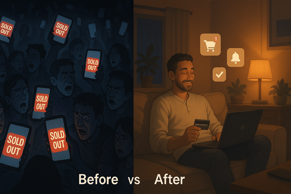 Split-screen sold-out panic crowd vs relaxed man buying from sofa—“Before vs After” Black Friday chaos turning into calm victory, emotional contrast of despair, relief, and quiet win