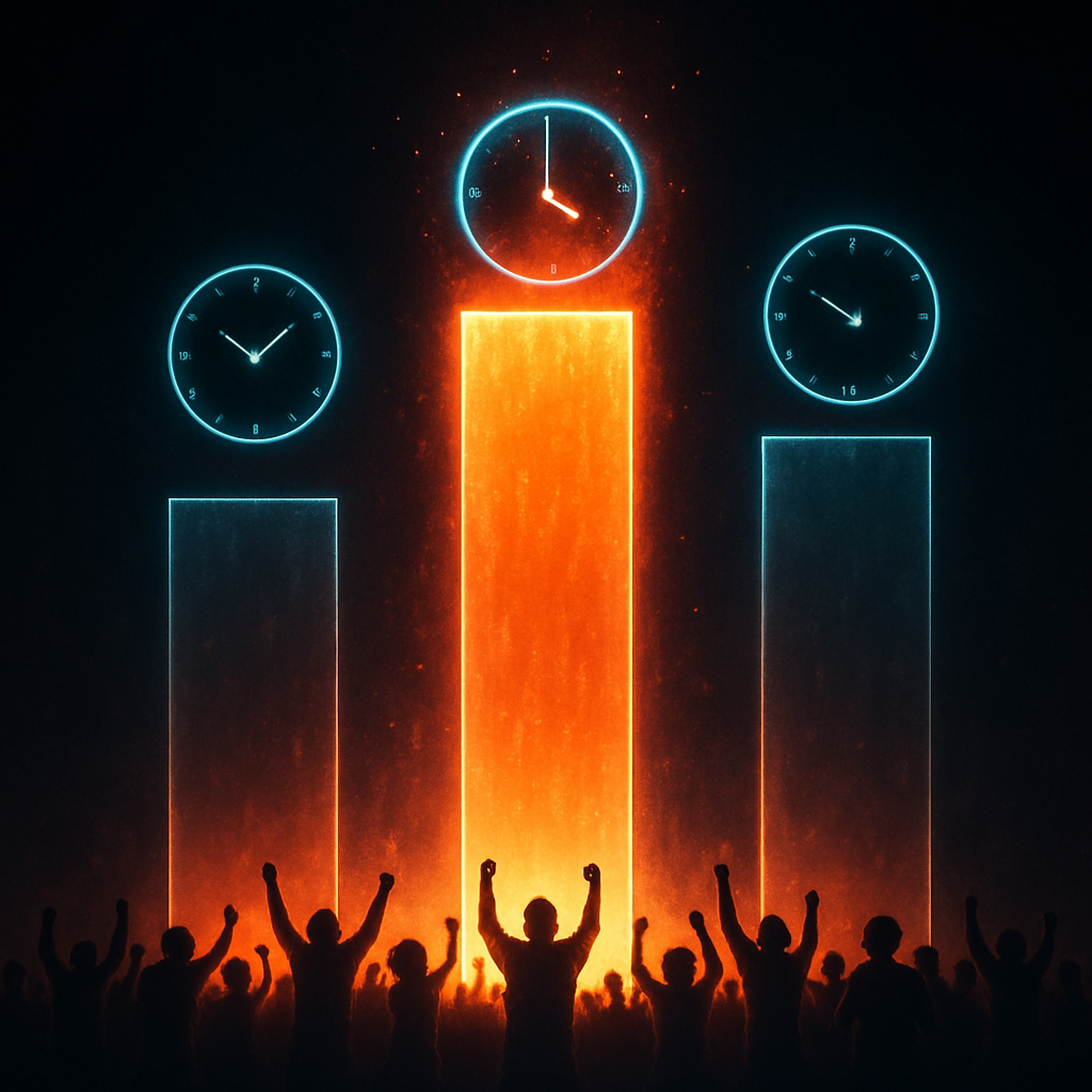 Three neon clock pillars for 21, 22, 23 o’clock with the 21 bar blazing brightest and a cheering crowd below—data-driven success rate for flash-sale timing, dramatic hope and triumph