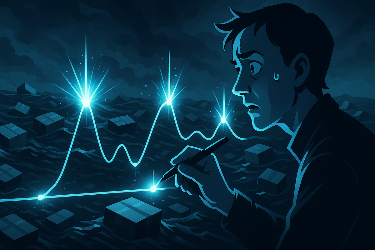 Anxious shopper drawing a glowing line over stormy waves of delivery boxes, bright spikes marking rare restock peaks—emotional struggle to read hidden stock patterns and seize the chance