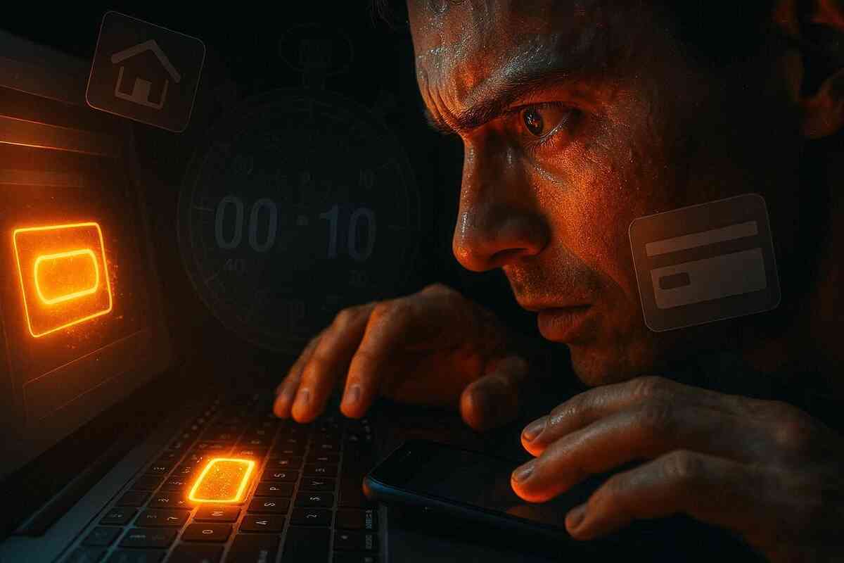 Sweating man inches from his keyboard, finger over a fiery checkout button with a 00:10 stopwatch ghosted behind—heart-pounding 10-second payment race during a high-stakes online sale