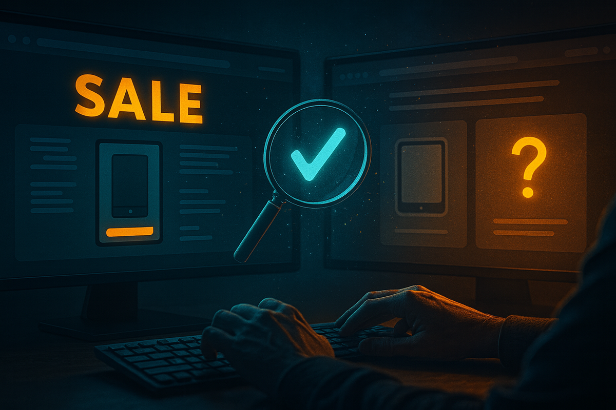 Hands on keyboard comparing two product pages on dual monitors, bold SALE label on one side and a glowing checkmark under a magnifying glass—how to verify if Switch2 is truly on Rakuten Black Friday sale, calm judgment in a noisy deal jungle
