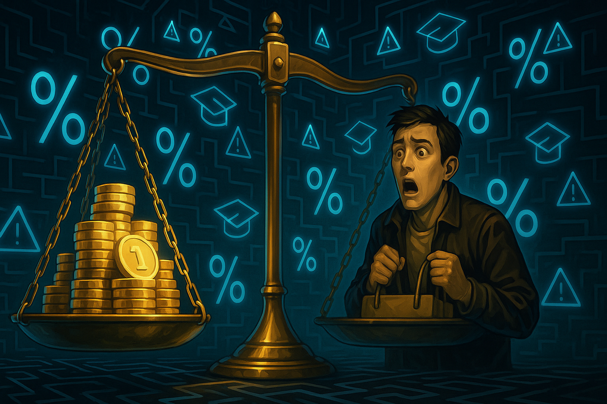 Golden coins piled high on one side of a scale and a panicked shopper weighed down on the other, surrounded by neon percent signs and warning symbols—Rakuten point multiplier truth, emotional shock at “maximum 47x” reality, hidden loss vs real gain
