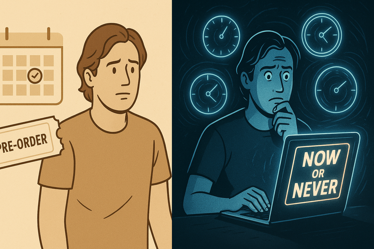 Split image: left side warm beige man holding a pre-order ticket and calendar, right side cool blue man in front of a “NOW OR NEVER” laptop with clocks swirling—pre-order safety vs guerrilla sale rush, anxious choice between安心 and thrilling gamble