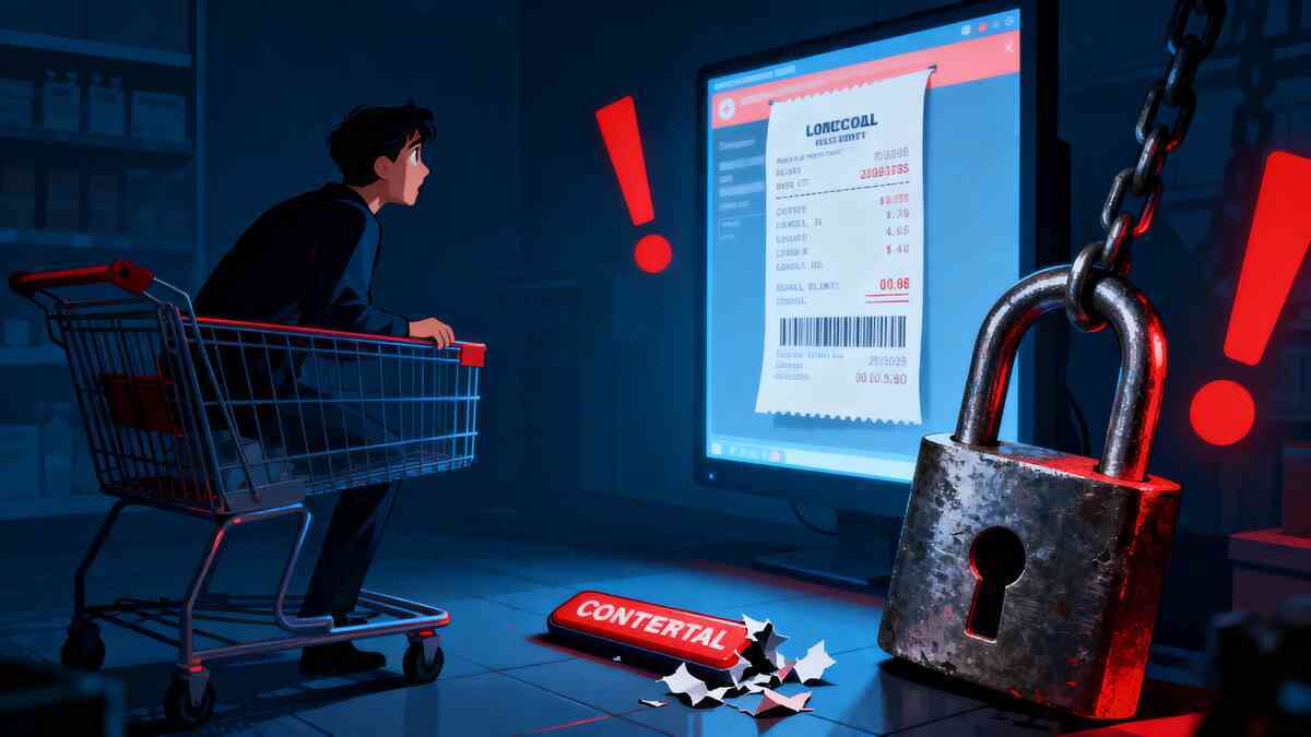 Split image: left side warm beige man holding a pre-order ticket and calendar, right side cool blue man in front of a “NOW OR NEVER” laptop with clocks swirling—pre-order safety vs guerrilla sale rush, anxious choice between安心 and thrilling gamble