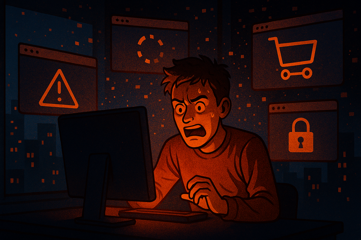 Frustrated shopper screaming at glowing monitor surrounded by warning icons, spinning loaders, locked cart symbols—Black Friday server meltdown chaos, digital panic, fiery emotion of failure and disbelief