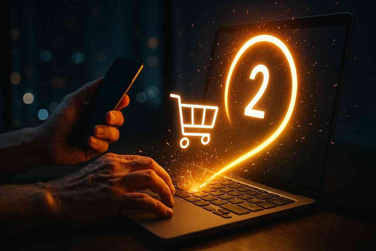Hands typing on laptop with blazing shopping cart and glowing “2” spark shooting from keyboard—unstoppable online buying energy, late-night adrenaline, perfect rebound from error, hope reignited