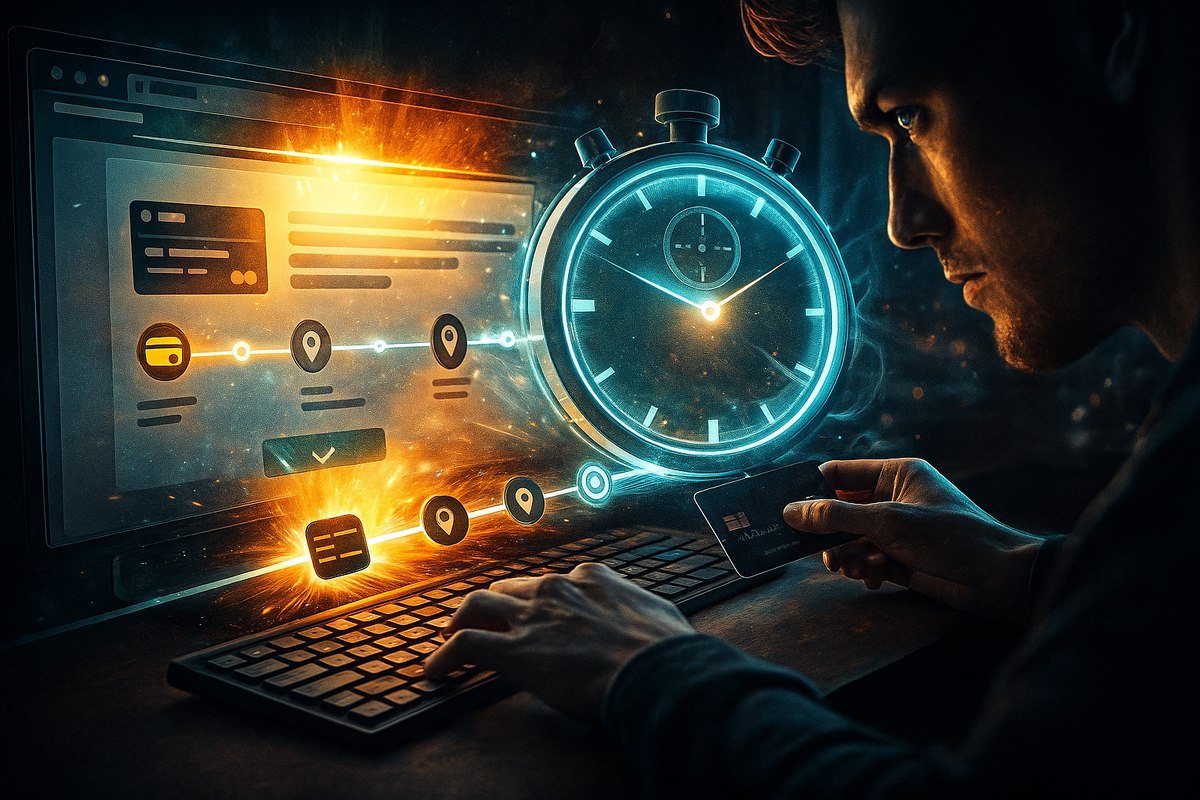 Determined buyer racing a giant neon stopwatch on holographic checkout screen—credit card ready, progress icons blazing—pure tension, precision, and time-attack thrill of beating the payment timeout