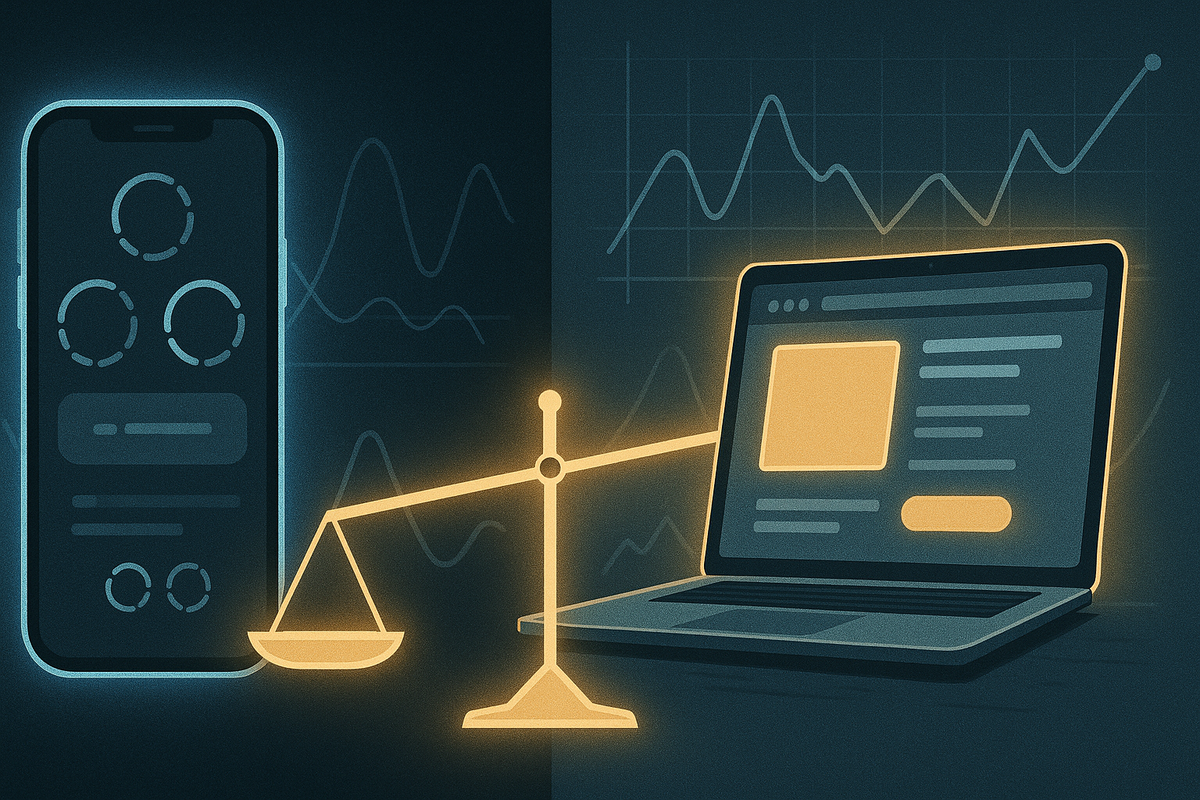 Stylized balance scale weighing glowing smartphone app versus bright laptop browser—tech duel mood, data curves in the background, cool analytical calm amid chaos, digital fairness energy