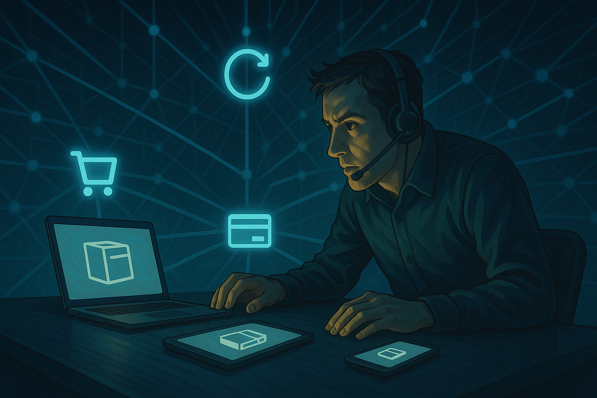 Focused man in headset commanding laptop, tablet, and phone connected by glowing cart and refresh icons—strategic multitasking, battle control room vibes, determination, and high-tech composure