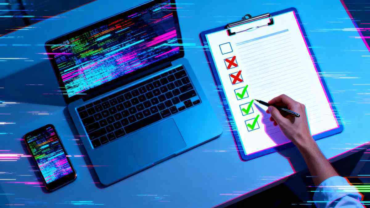 Overhead neon glitch scene of laptop and smartphone beside a vivid checklist with red Xs and green checkmarks—chaotic code meets clarity, resilience, decisive control amid digital storm