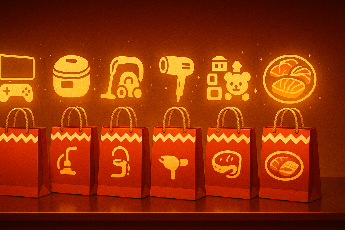 Row of glowing red lucky bags on a counter with icons of game console, rice cooker, vacuum, hair dryer, toys and gourmet food shining above them—Yamada Denki福袋 lineup overview, home appliances and kids toys to gourmet sets, abundant choices and warm golden excitement