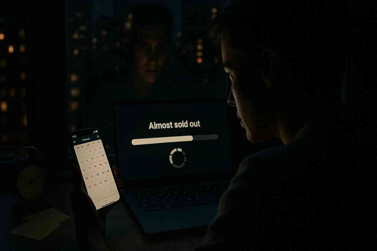 Serious night-time scene of a person staring at a phone calendar while a laptop shows an almost sold out bar—Yamada Denki lucky bag preorder deadline, tense last-minute booking, dark room, city lights and urgent FOMO pressure