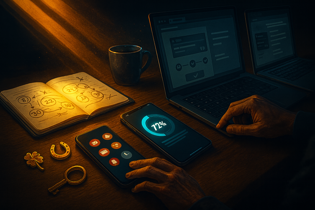 Strategy desk with open notebook full of circled dates, two smartphones showing progress and notification icons, and laptops glowing in the dark—Switch2福袋 winning tactics, multi-device entry plan, lucky charms and focused grinder mood