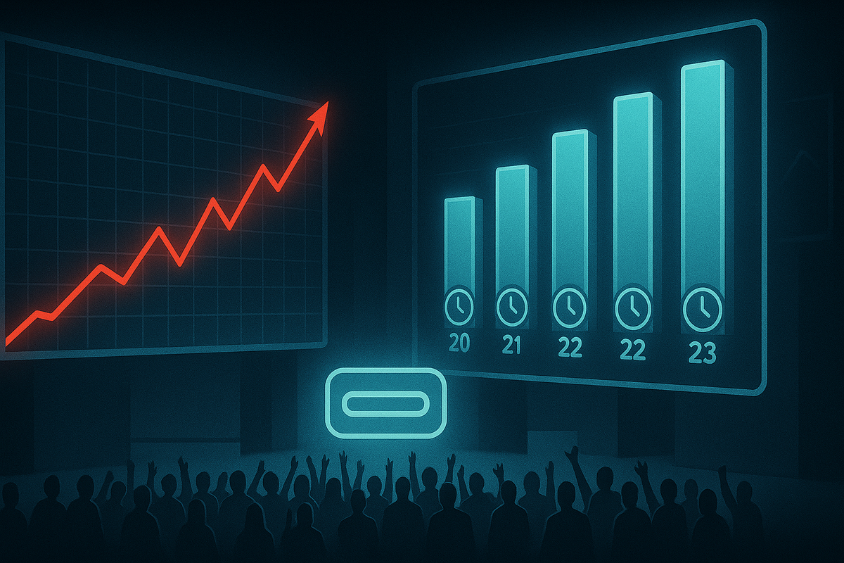 Crowd of silhouettes cheering under huge glowing charts with a red demand line and rising blue bars—Switch2福袋 2026 insane popularity, skyrocketing search trends and lottery倍率, dramatic data-driven hype atmosphere
